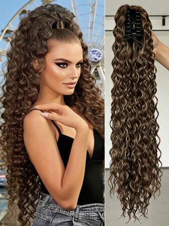 24 Inch Deep Brown Deep Wave Curly Ponytail Clip-In Hair Extensions - Heat Resistant Synthetic Fiber, Natural Wavy Hairstyle Accessory, Suitable For Women's Daily Wear, Halloween And Various Parties, Daily Hair Accessory, Fluffy Curly Hair, Heat-Resistant Fiber, Hair Accessory