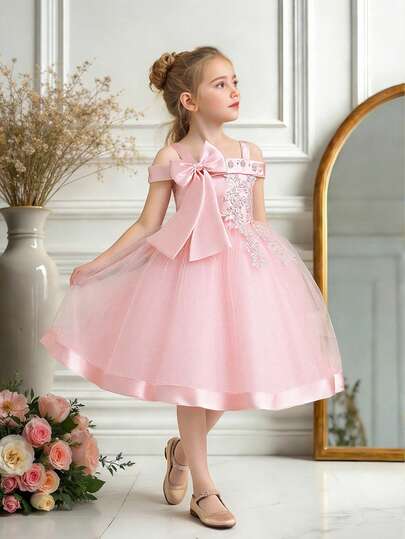 无袖花朵蝴蝶结网纱优雅连衣裙，适合女孩，适合生日派对，不含头饰