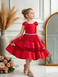 Young Girls' Sleeveless Mesh & Satin Bow Back Elegant Luxurious Party Dress, Suitable For Attending Banquets, Flower Girl Weddings, Does Not Include Headband