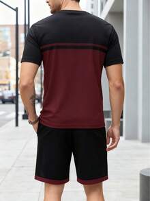 Men's Contrast Color Round Neck Casual Short Sleeve T-Shirt And Shorts Set - Merah - View 4