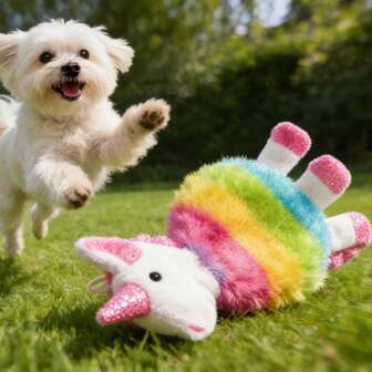 Hollypet Jouet en peluche de licorne pour chien, jouet de chien avec gémisseur, jouet en peluche de chien mignon arc-en-ciel pour chiens petits et moyens, jouet interactif pour chiots pour le jeu de rapportage et de mâchonnage, jouet à mâcher doux pour chien avec son de gémisseur intégré, jouets durables pour chien pour soulager l'ennui et le jeu d'intérieur