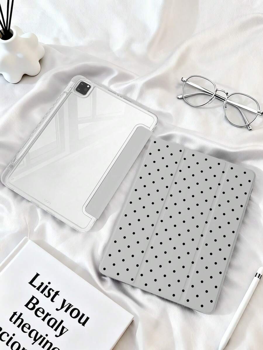 1个透明亚克力灰色波点图案平面保护壳，适用于Mini6/Mini7/Air/Air2/9.7/9th10.2/10.5/Air4/Air5/10.9/Pro11/10th/11th(A16)/Air 11英寸(M2)-2024/Pro11(M4) 2024，高透明度亚克力外壳，简约/经典设计，产品不含笔，部分型号带镜头框，三折支架，内置笔槽 - 灰色 - 查看 1