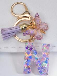 Chaveiro com inicial (1 unidade), pingente de floco de neve em resina, acessório decorativo para bolsas femininas, pingente de borboleta, presente. - Roxa - Ver 24