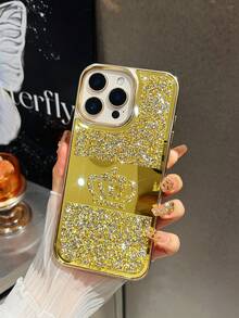 1 pieza Funda de teléfono con corona grabada con láser, con diamantes de imitación chapada en metal, compatible con iPhone 17 Pro Max, 16, 15, 14, 13, 12, 11 - Dorado - Ver 6