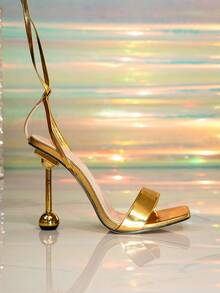 1 Paar einfarbige Party PU Leder Kreuz-Riemen Sandalen, sexy modische goldene Kreuz-Riemen High Heel Sandalen für Frauen, Sommer Outfits - Gold - Übersicht 7
