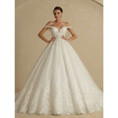 Vestido de novia blanco elegante con hombros descubiertos, cintura alta, falda en línea A y cola, vestido de novia bordado en tul