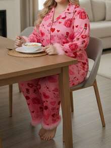 Women Pajama Set, Heart Print Long Sleeve Top With Pants Sleepwear Loungewear For Valentines Day - Pink - View 9