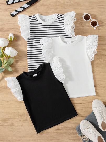 3pcs/Set Young Girl Casual Striped Sleeveless Tops, Fashion For Summer