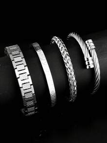 Camhanno 4pcs Fashionable Retro Stainless Steel Bracelet+Strap Bracelet Combination Set, Suitable For Men's Daily Wear, Gatherings, Parties, Holiday Gifts - Silver - View 1