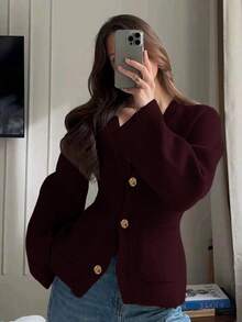 Women's Casual Elegant Vintage Gold Button Detail Open Front Long Sleeve Knit Cardigan, Solid Color Pockets, Suitable For Autumn/Winter Outfitting, Christmas, Thanksgiving, New Year Gift, Jacket, Thick Sweater Cardigan