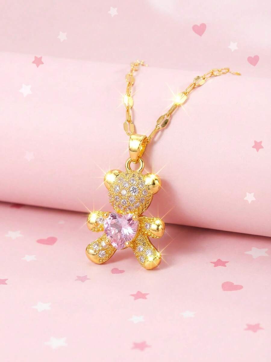 1 Stück Mädchen süße vergoldete Bär Anhänger Halskette mit rosa herzförmigem Diamant, geeignet für Kinder Mode, zarte Party Festival Schmuck Geschenk für tägliches Tragen Goldschmuck - Goldgelb - Übersicht 1