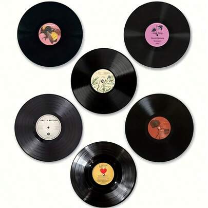 6pcs/Set Vintage Vinyl Record Design Wooden Coasters, Single-Sided Printing, Suitable For Bar, Home Gathering, Cafe, Office And Housewarming Gift, Home Decor, Office Supplies, Retro Style, Drink Coasters, Kitchen Accessories, Best Gift Choice, Perfect Gift For Holidays, 2D Flat, Available In 1 Set Or 31 Sets