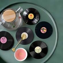 6pcs/Set Vintage Vinyl Record Design Wooden Coasters, Single-Sided Printing, Suitable For Bar, Home Party, Cafe, Office And Housewarming Gift, Home Decor, Office Supplies, Retro Style, Drink Coasters, Kitchen Accessories, Best Gift Choice, Perfect Gift For Holidays, 2D Flat, Available In 1 Set Or 31 Sets, Father's Day Gift - Black - View 2
