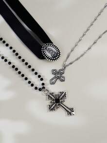 3 Stücke Vintage Mode Religiöses Kreuz & Jungfrau Maria Anhänger Halsketten Set, geeignet für Frauen zum Layering und Tragen für Party, Zusammenkunft, Musikfestival - Antiksilber - Übersicht 6