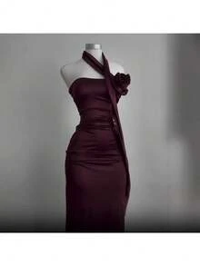 Women's Clothing Summer New Temperament Light And Familiar Backless Streamer Neck Dress - Burgundy - View 3