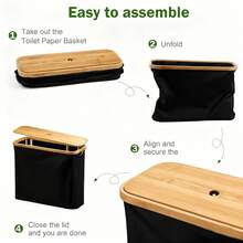 Bamboo Toilet Paper Holder With Cover, Foldable Tissue Box Organizer With Base, Holds Up To 9 Extra Large Toilet Paper Rolls, Laundry Basket - Multicolor - View 2