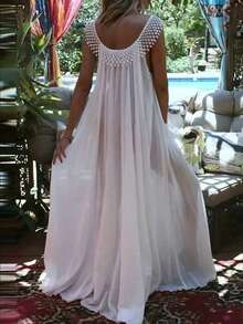 优雅无袖圆领长款半透明蕾丝边针织连衣裙（女款） - 白色 - 查看 2