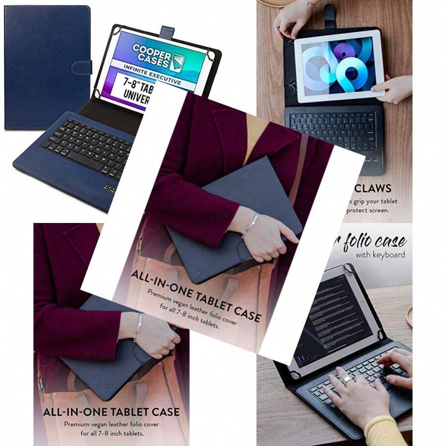 Funda con teclado para tablet de 7-8 pulgadas panel táctil y magnético de cobre infinito ejecutivo profenal 2 en 1 Bluetooth inalámbrico Windows Android funda de transporte de piel para viaje + función atril Azul oscuro 7 - 8" inch - Negro - - Ver 1