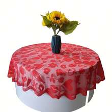 1pc Cupid Valentine's Day Round Heart-Shaped Lace Tablecloth, Red Lace Bear Angel Heart Pattern Table Runner Home Decor Anniversary Party Home Decoration Weddings And Valentine's Day Decorations - 紅色 - 查看 4