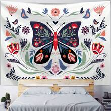 1pc Butterfly & Flower Print Tapestry, Polyester Hanging Wall Decor For Living Room, Bedroom, Office, Home Decor, Party, Rectangular Kitchen Wall Hanging Cloth With Drape Effect, Comes With 3 Wall Nails And 2 Clips - Multicolor - View 9