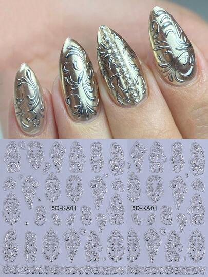2 piezas Pegatinas de uñas vintage en relieve 5D plateadas, con diseño de flores retro irregulares y brillos plateados, decoración autoadhesiva para manicura, suministros y accesorios DIY para salón de mujeres y niñas