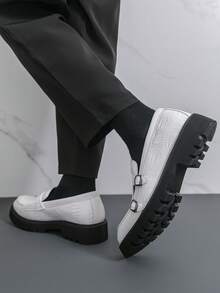 Men's Thick Sole Derby Shoes With Buckle Design, Loafers, Retro Monk Shoes, Formal Dress Shoes, Wedding Shoes, Casual Sneakers - White - View 8