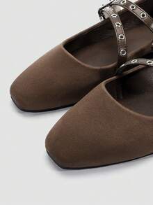 ADAMUMU Women's Fashion Square Toe Casual Party Office Buckle Breathable Woven Hollow Mesh Comfortable Slip-On Flat Shoes, Apricot - Mocha Brown - View 2