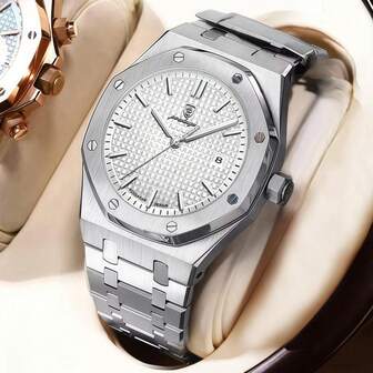 GUANQIN 男士手表，3ATM防水，夜光设计，时尚生日礼物，经典商务表盘，日本石英机芯，水晶心形设计，不锈钢表壳，父亲节纪念品，兄弟毕业礼物，鹦鹉图案，返校必备，适合万圣节、圣诞节、父亲节、情人节、返校、学生、生日、节日、约会、商务、日常佩戴、礼品等场合。