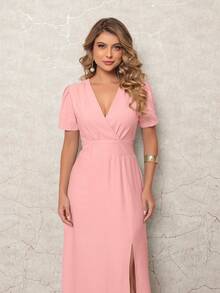 ONLYONE - Elegant Women's Midi Dress With V-Neck Wrap Detail And Side Slit - Women's Party Dresses - 淺粉色 - 查看 6