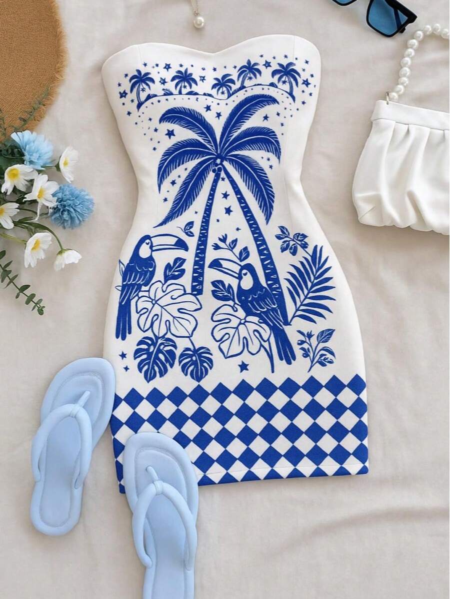 Fitted Dress With Toucan And Palm Tree Print, Beach Style, Spring And Summer, Vacation - 藍色 - 查看 1