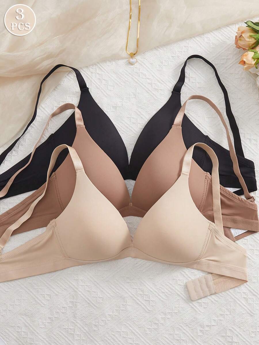 3件套V型女士舒适无钢圈软杯纯色文胸 - 彩色 - 查看 1