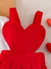 两件套少女可爱前卫3D蝴蝶结长袖上衣和红色爱心吊带裙套装，春秋季 - 白色 - 查看 5