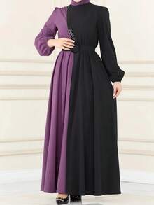 Bata de mujer de moda moderna con bloque de color, cintura alta y adornada con rhinestones, para primavera - Morado - Ver 8