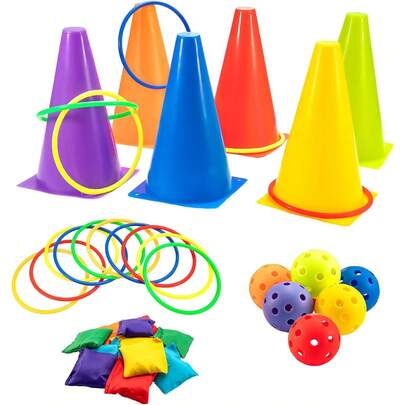 4 In 1 Carnival Games Set With Cones, Balls, Rings & Bean Bags - 34 Pcs Party Toss Games For Kids, Outdoor Indoor Birthday Party Supplies, Family Garden Festival Games