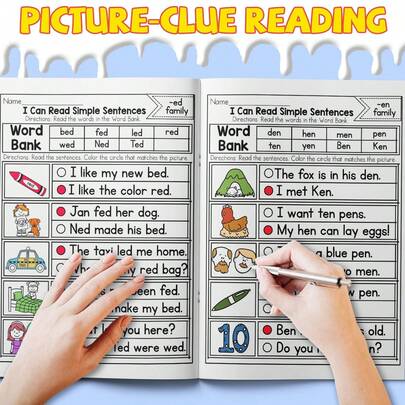 Kids Phonics Reading Game Toy, Read & Choose Circle-The-Answer Activity Sheets, CVC Word Bank + Simple Sentence Reading + Picture Matching Practice For Early Readers At Home/Class/Travel