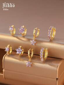 Hihho 8件套多色立方氧化锆花朵耳环套装，镀金蓝紫色/绿松石蓝/宝石蓝，时尚叠戴耳环，适合日常佩戴、派对、节日礼物 - 疊戴耳圈 - 查看 5