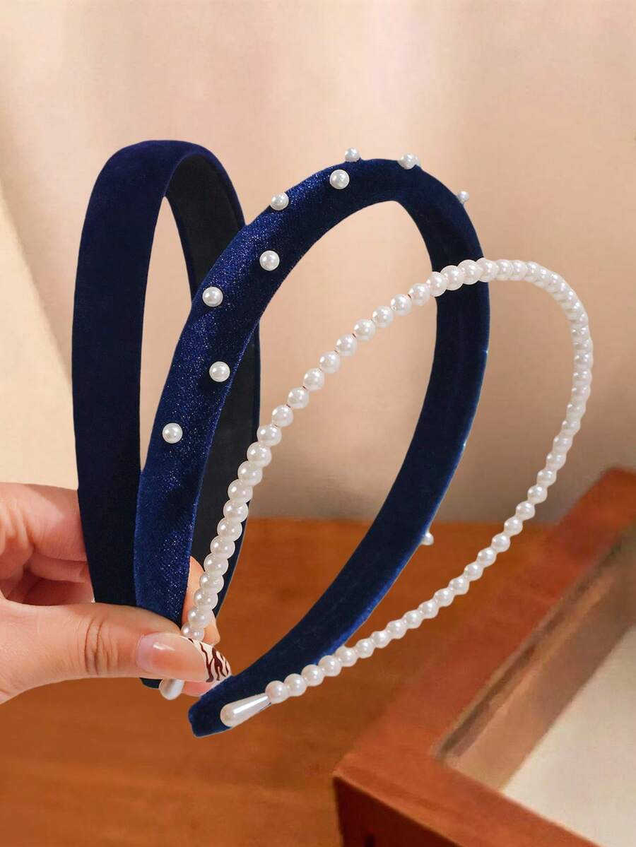 3pcs Versatile Elegant Velvet Pearl Sponge Headbands Set, Suitable For Various Occasions - Navy Blue - View 1