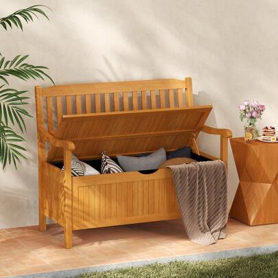  COSTWAY Patio Wood Storage Bench, Acacia Wood Large Deck Box With 125L Inner Space, Slatted Backrest, 360kg Load Capacity, Outdoor Wooden Storage Loveseat For Garden, Porch, Yard, Poolside, Natural