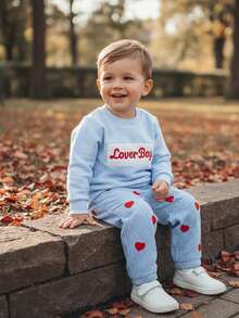 Toddler Baby Boy Clothes Outfit Valentines Day Sweatshirt Lover Boy Shirt+Waffle Knit Pant Set Clothing Fall Winter - 藍色 - 查看 5