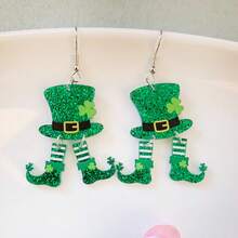 1 Pair 2D Retro Style St. Patrick's Day Lucky Four-Leaf Clover Green Boots Irish Earrings, Acrylic Pendant With Stainless Steel Fish Hook, Sparkling Clover Top Hat Design, Suitable For All Seasons Festival Daily Wear, Quirky Earrings - Multicolor - View 2