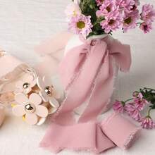 Handmade Frayed Satin/Chiffon Ribbon Set - Fade-Resistant Polyester Woven Material, Suitable For Wedding Invitations Packaging, Bouquet Decoration, Bridal Bouquet, Birthday Party, Christmas Gifts, DIY Crafts And Sewing Projects - Pink - View 5