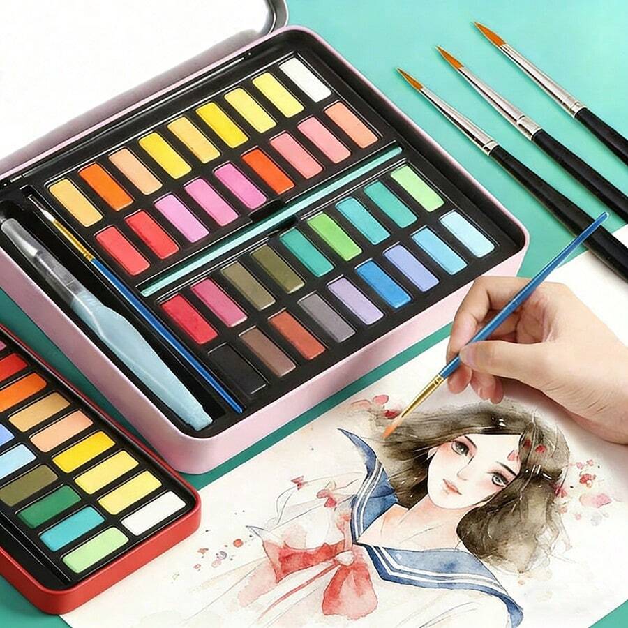 36 Colors Solid Watercolor Paint Set With Water Brush, DIY Painting Supplies For Students And Artists, Professional Watercolor Kit With Portable Blue Metal Box, Multi-Color Solid Mixing Palette - 套裝 - 查看 1