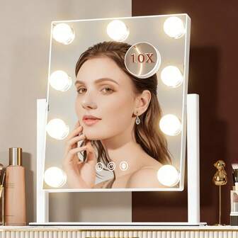 带灯化妆镜，配备9个可调光灯泡、可拆卸10倍放大镜、3种颜色灯光模式、360度旋转镜面和智能触控功能