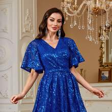 hezixi Elegant Luxury Embroidered Lace & Sequin Beaded Floral Design Sheer Long Sleeve Dress, Suitable For Wedding, Bridal Shower, Party, Banquet, Honeymoon Evening Dress Spring - Sapphire - View 10