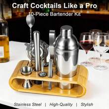 10-teiliges Cocktail Shaker Set aus Edelstahl mit Holzständer – Barzubehör Set für Home Bar & Cocktail Liebhaber - Standard - Übersicht 2