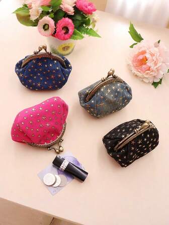 Monedero con cierre de beso con estampado de estrellas de mezclilla, monedero pequeño de tela para mujer, portador de tarjetas