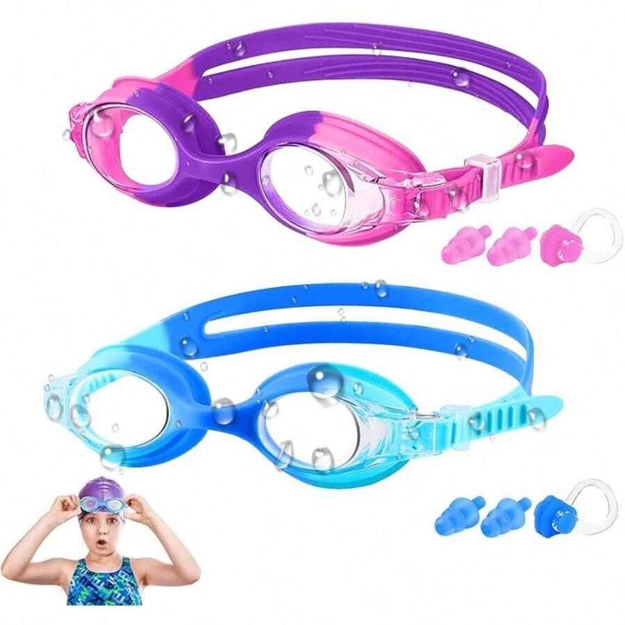 Gafas de natación para niños 2 unidades Lentes de natación con tapones y clips para la nariz sin Fugas antivaho antideslumbrante Fáciles de ajustar y cómodas con protección UV - AzulyPrpura - Ver 1