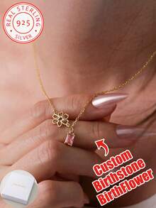 Customized 925 Sterling Silver Pendant Necklace, Adorned With Birth Flower And Birthstone - A Personalized Gift For Mother, Grandmother, Partner, Best Friend And Family - Perfect For Birthday, Mother's Day, Anniversary And Other Occasions - Suitable For Daily Wear Or Special Events As Fashionable Jewelry - Multicolor - View 1