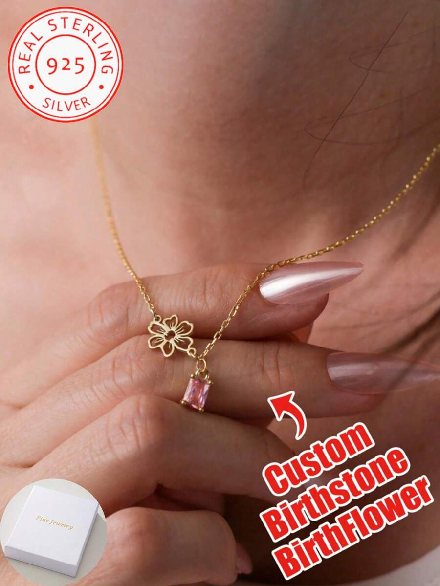 Customized 925 Sterling Silver Pendant Necklace, Adorned With Birth Flower And Birthstone - A Personalized Gift For Mother, Grandmother, Partner, Best Friend And Family - Perfect For Birthday, Mother's Day, Anniversary And Other Occasions - Suitable For Daily Wear Or Special Events As Fashionable Jewelry - Multicolor - View 1