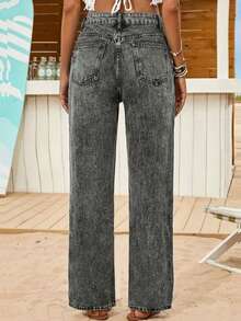 Fashion Women Loose Fit Straight Leg Denim Pants Casual Retro Versatile Daily Commute Trousers - Grey - View 5